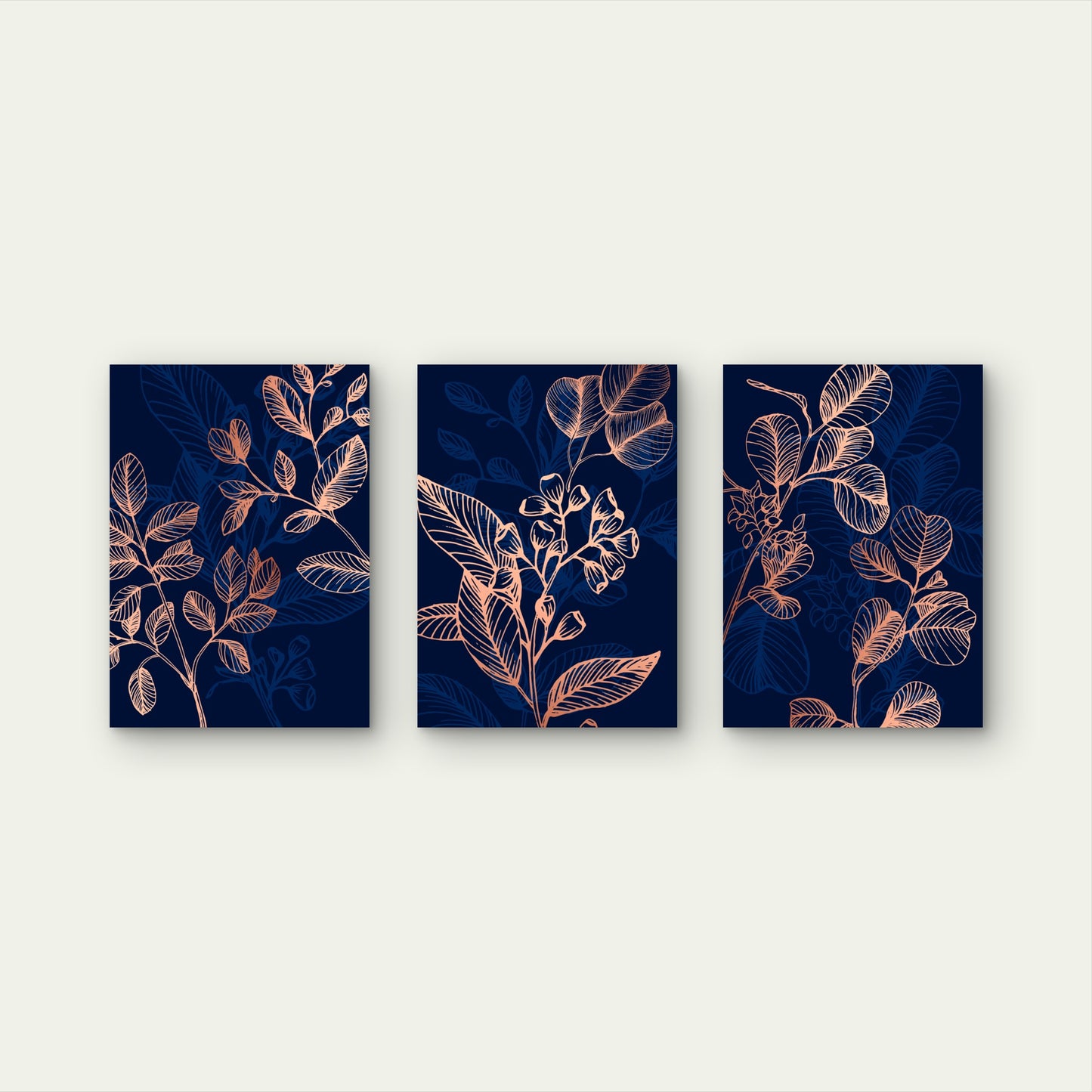 3pcs Native Eucalyptus Leaves Navy Rose Gold     Wall Art Set Canvas Framed 50x70cm - High Quality Print 100% Australian Made Wall Canvas Ready to Hang