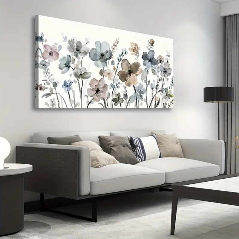 Navy Taupe Flowers Abstract Botanical Wall Art canvas office home room framed 120x60cm - Bella Home Decor