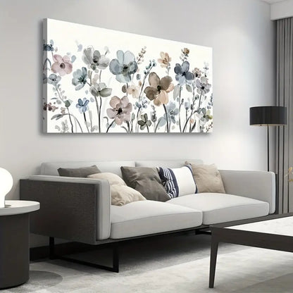 Navy Taupe Flowers Abstract Botanical Wall Art canvas office home room framed 120x60cm - Bella Home Decor