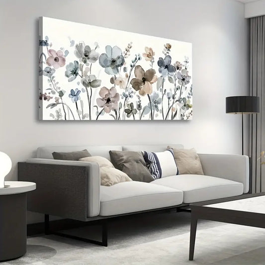 Navy Taupe Flowers Abstract Botanical Wall Art canvas office home room framed 120x60cm - Bella Home Decor