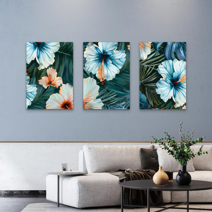 3pcs Modern Dark Teal Hawaiian Hibiscus Flower Triptych Wall Art Set Canvas Framed 40x60cm - High Quality Print 100% Australian Made Wall Canvas Ready to Hang