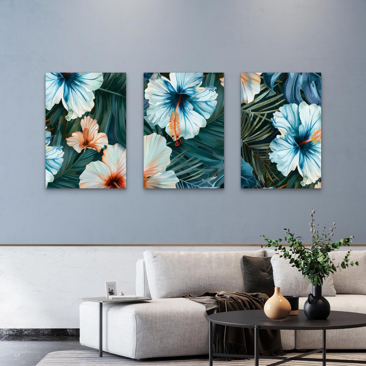 3pcs Modern Dark Teal Hawaiian Hibiscus Flower Triptych  Wall Art Set Canvas Framed 50x70cm - High Quality Print 100% Australian Made Wall Canvas Ready to Hang