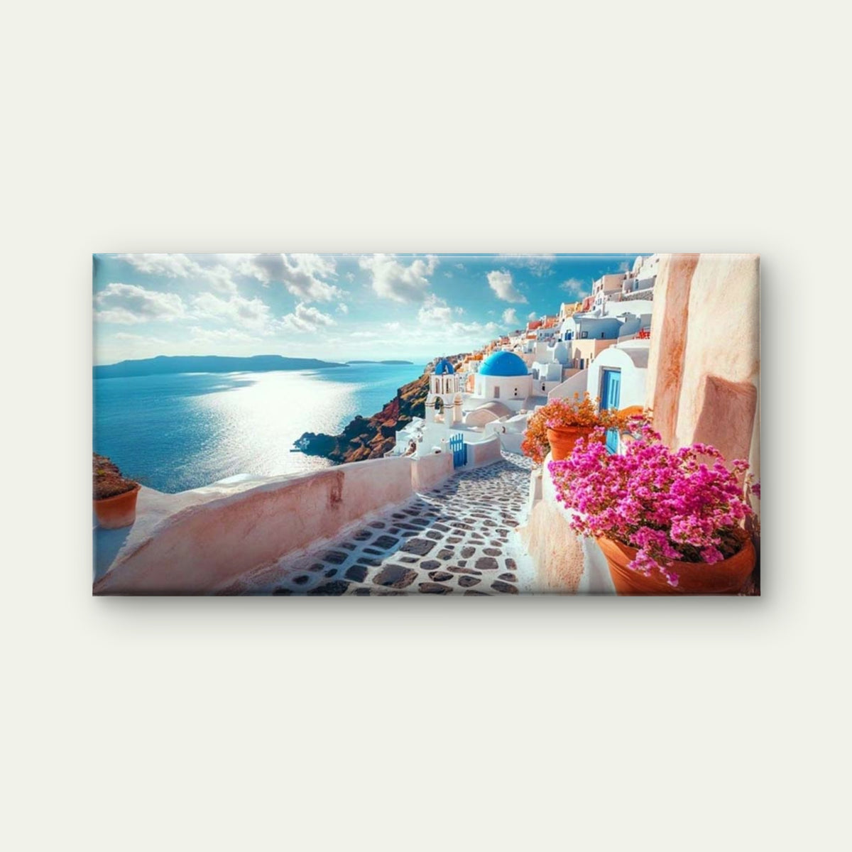 Santorini Island with Flowers Wall Art Canvas Office Home Room Framed 120x60cm