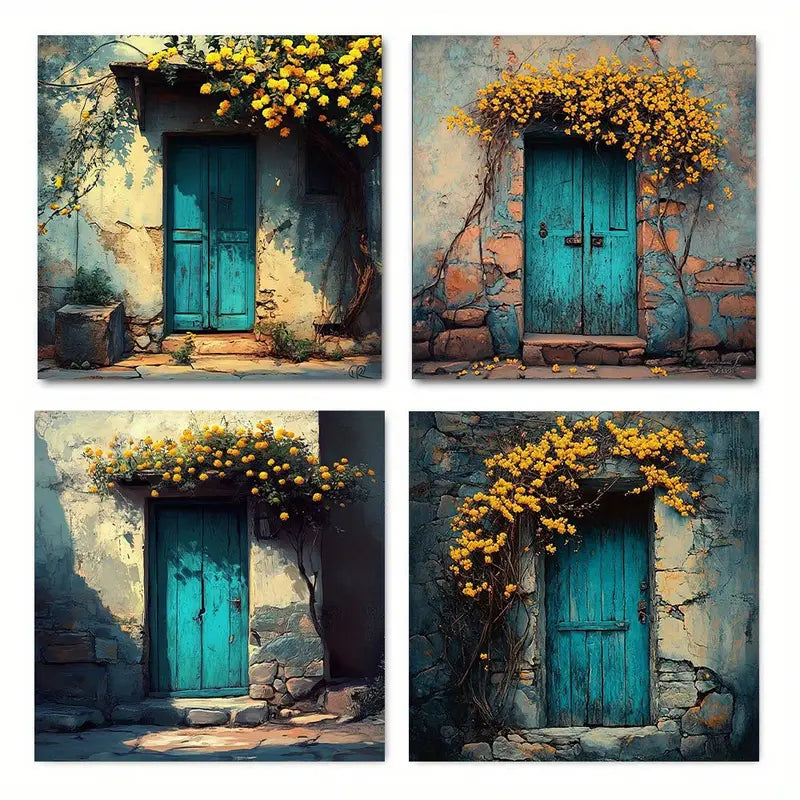 4pcs  Blue doors and walls yellow flowers  YF  Wall Art Canvas Framed