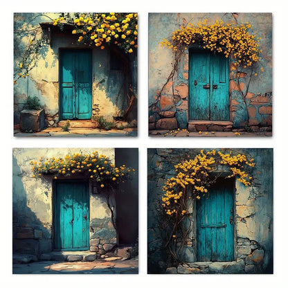 4pcs  Blue doors and walls yellow flowers  YF  Wall Art Canvas Framed