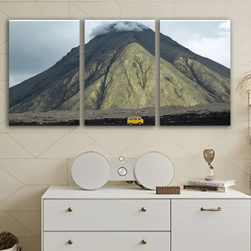 3pcs Kombi Yellow Van Mountain Desert Road Wall Art Set Canvas Framed 50x70cm - High Quality Print 100% Australian Made Wall Canvas Ready to Hang