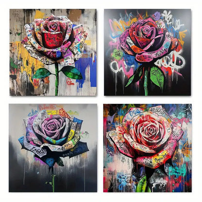 4pcs Vibrant Graffiti Rose Designs, Bold Street Wall Art Canvas Framed