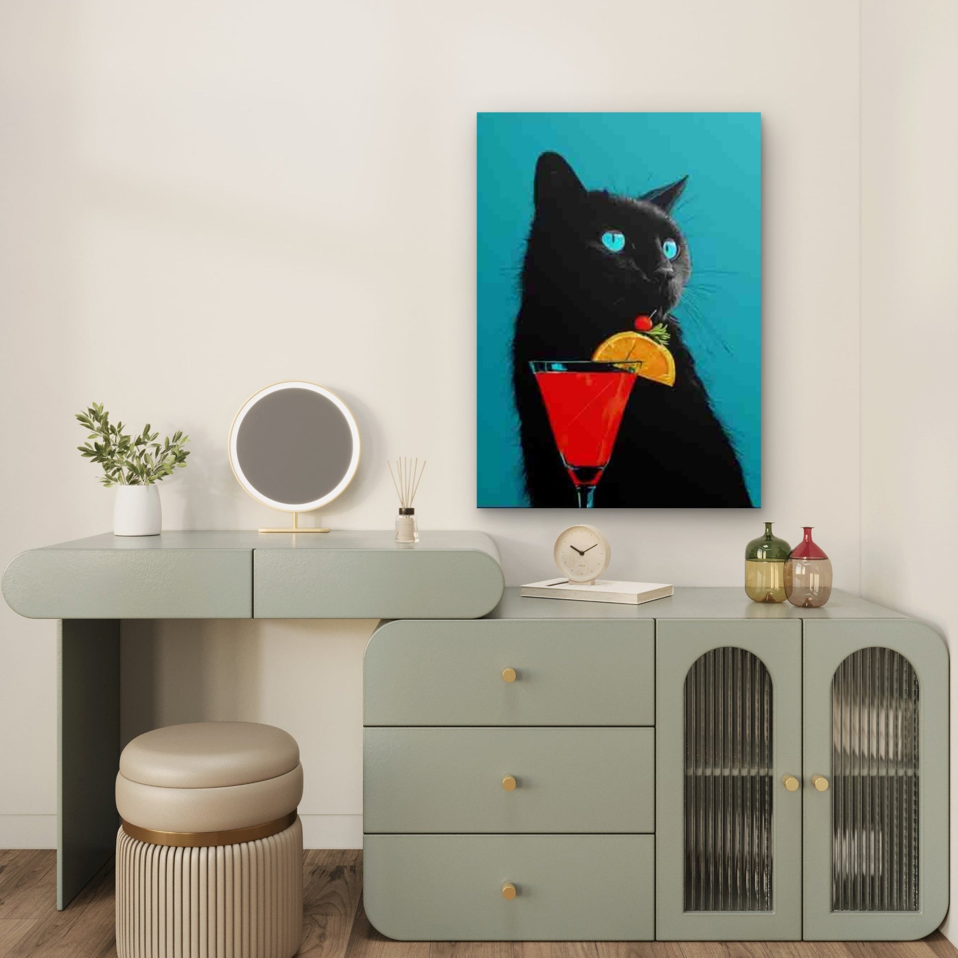Classic Feline Holding Cherry & Orange Slice  60x90cm Metal Print Ready to Hang - Bella Home Decor