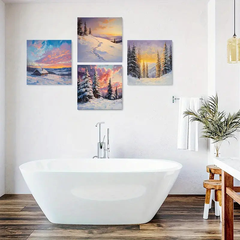 4pcs Snow Poster, Pine Tree Wall Art Canvas Framed