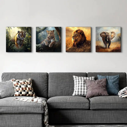 4pcs Lion, Elephant, Cheetah & Tiger Jungle Wall Art Canvas Framed