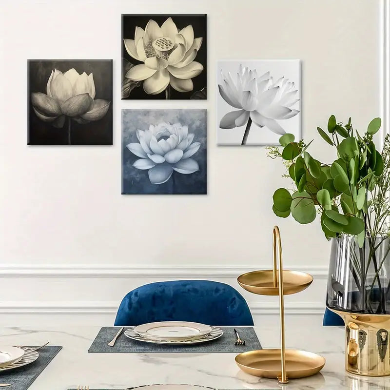 4pcs Yellow Flower Center  Lotus  Wall Art Canvas Framed