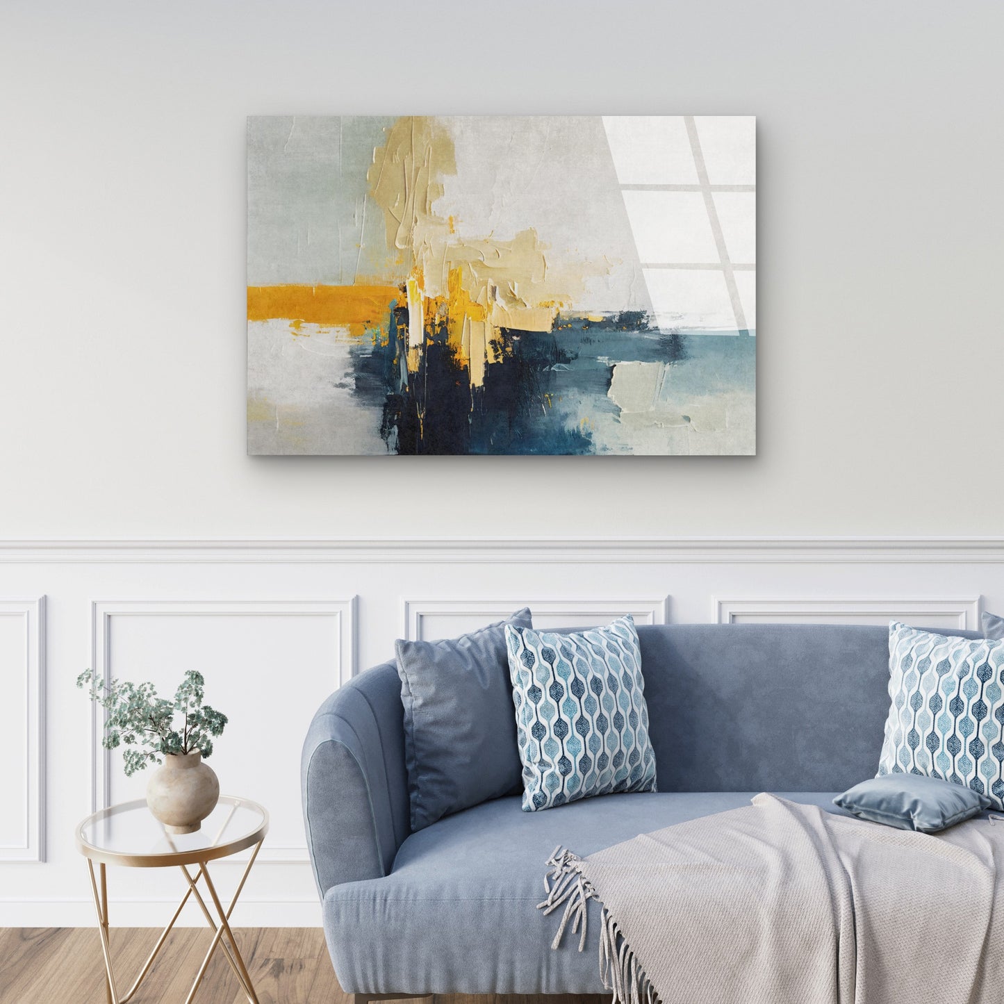 Modern Navy Blue and Mustard Yellow Abstract Palette Knife Oil Painting Acrylic Glass Printing Wall Art Australian Made Quality