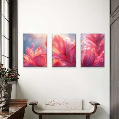 3pcs Vibrant Pink Soft Luxury Dewy Leaves Wall Art Set Canvas Framed 40x60cm - High Quality Print 100% Australian Made Wall Canvas Ready to Hang