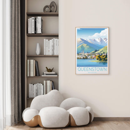 Queenstown New Zealand, Costal View Art Travel Poster Print Wall Art