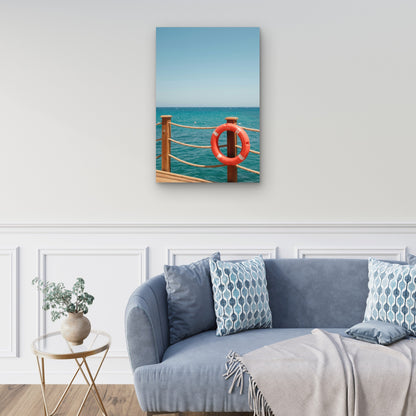 Orange Lifebuoy Hanging On A Wooden Pier 60x90cm Metal Print Ready to Hang