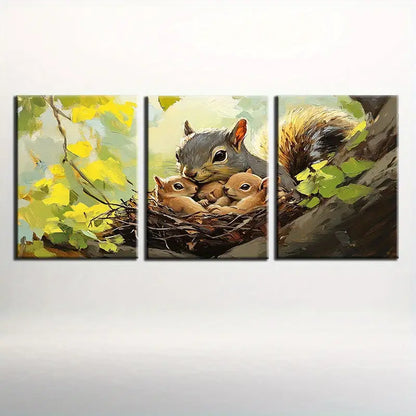 3pcs Charming Mother & Youngsters Squirrel Nest with Autumn Metal Print Ready to Hang Art