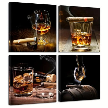 4pcs Cigar Wine Whisky  Wall Art Canvas Framed
