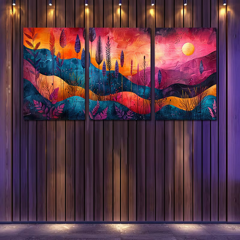3pcs Abstract Landscape with Trees and Sun Wall Art Set Canvas Framed 40x60cm - High Quality Print 100% Australian Made Wall Canvas Ready to Hang - Bella Home Decor