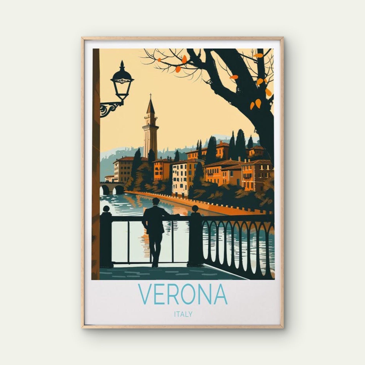 Verona In Italy, Man Watching Cannel Art Travel Poster Print Wall Art
