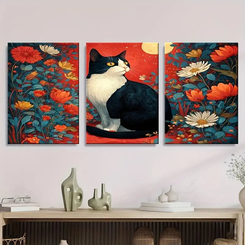 3pcs Black And White Cat with Yellow Eyes, Floral  Metal Print Ready to Hang Art - Bella Home Decor
