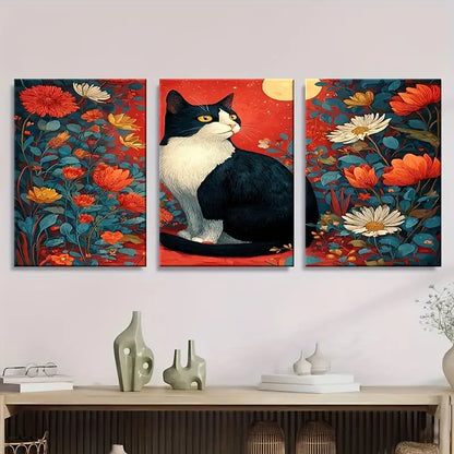 3pcs Black And White Cat with Yellow Eyes, Floral  Metal Print Ready to Hang Art - Bella Home Decor