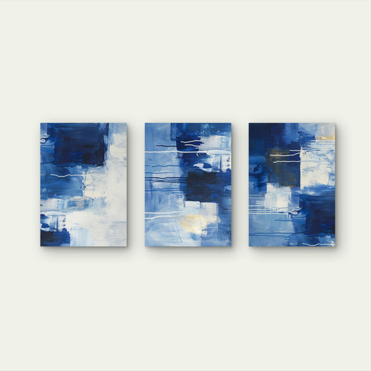 3pcs Modern Blue and White Abstract Oil Painting Wall Art Set Canvas Framed 50x70cm - High Quality Print 100% Australian Made Wall Canvas Ready to Hang