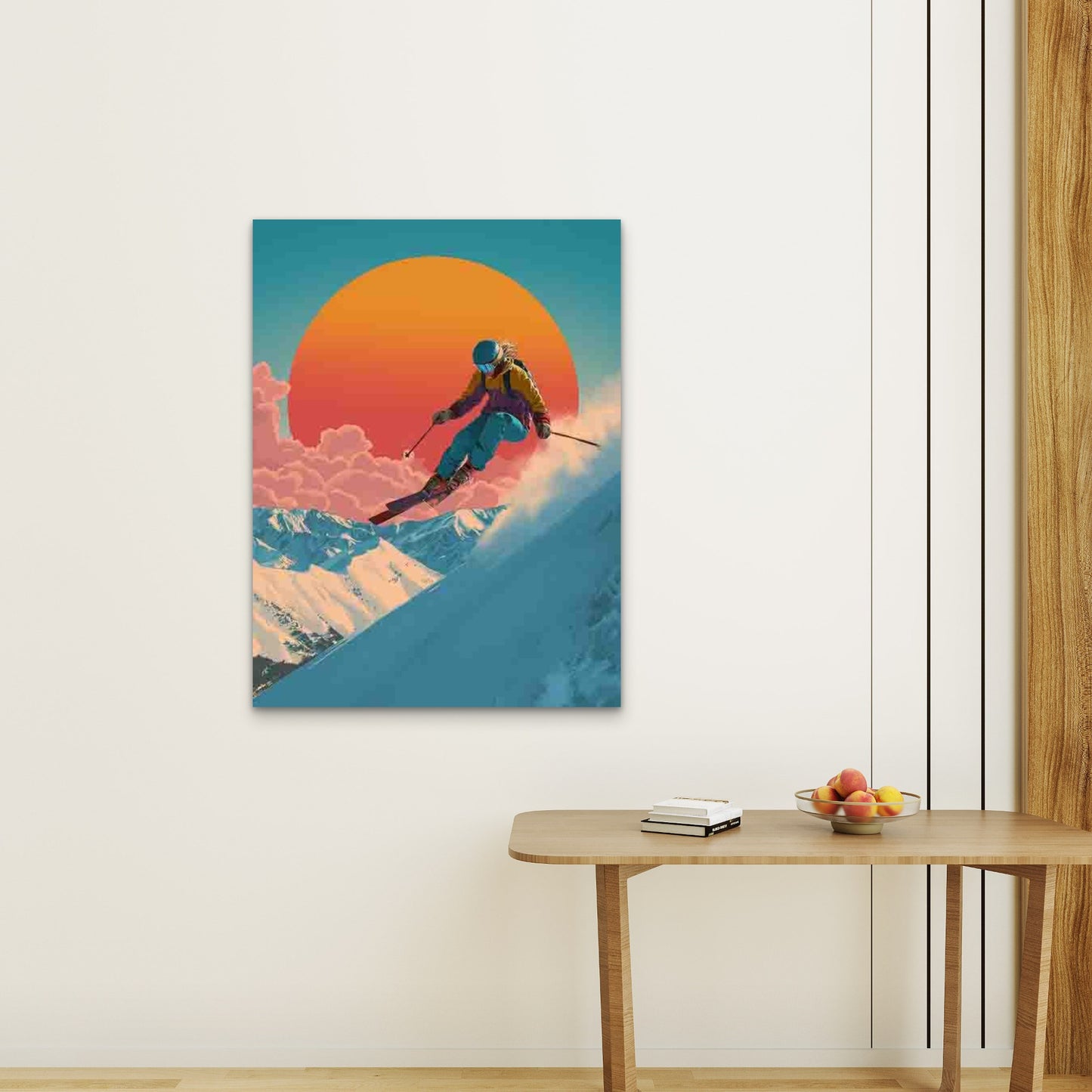 Vibrant 80s Inspired Colorado Mountain Skiing Scene Metal 40x60cm Print Ready to Hang - Bella Home Decor