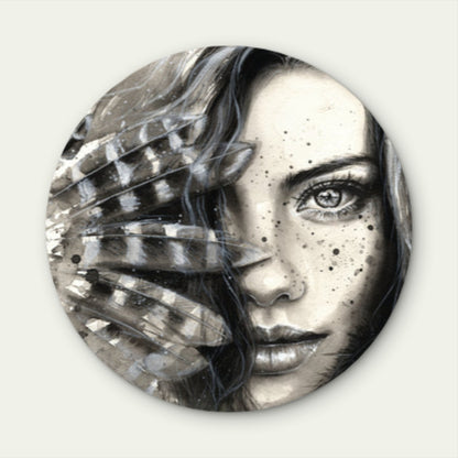Girl Face Portrait with Feathers Black & White Acrylic Glass Rounded Print Tempered Glass Wall Art 100% Made in Australia Ready to Hang