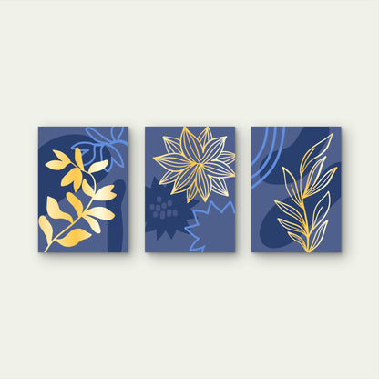 3pcs Abstract Botanical Floral Navy Gold    Wall Art Set Canvas Framed 50x70cm - High Quality Print 100% Australian Made Wall Canvas Ready to Hang