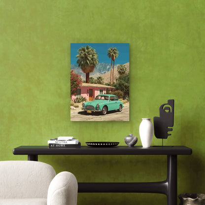 Retro Green Car Pink House Palm Trees Metal Print Ready to Hang