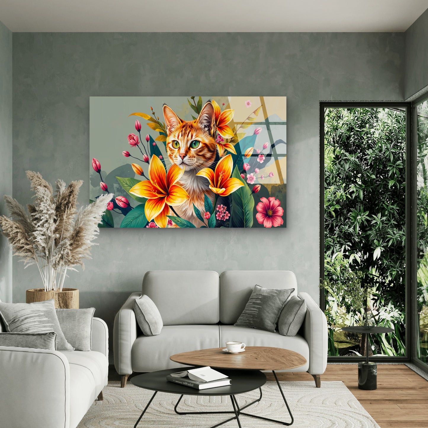 Tabby Cat Yellow Lily Flower Acrylic Glass Printing Wall Art Australian Made Quality