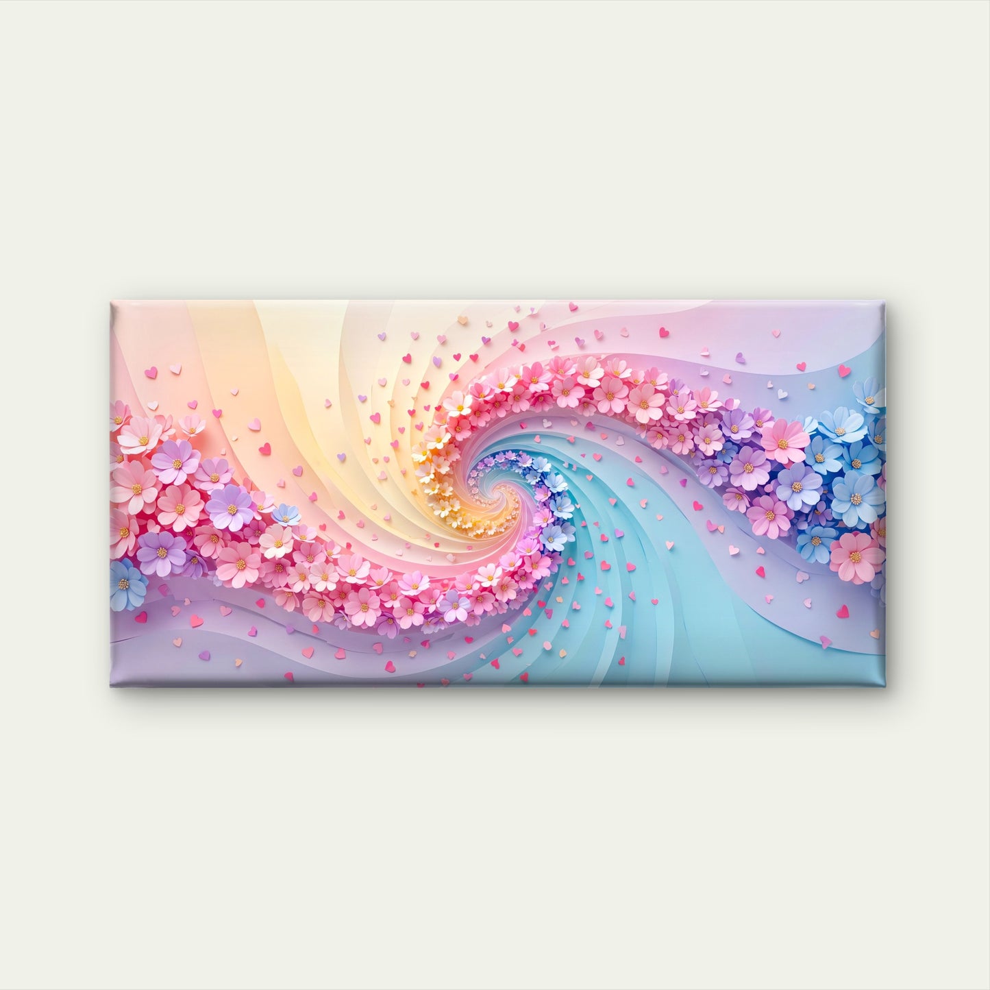 Pastel Floral Spiral Swirl Pink Blue Rainbow Wall Art Canvas Office Home Room Framed 120x60cm