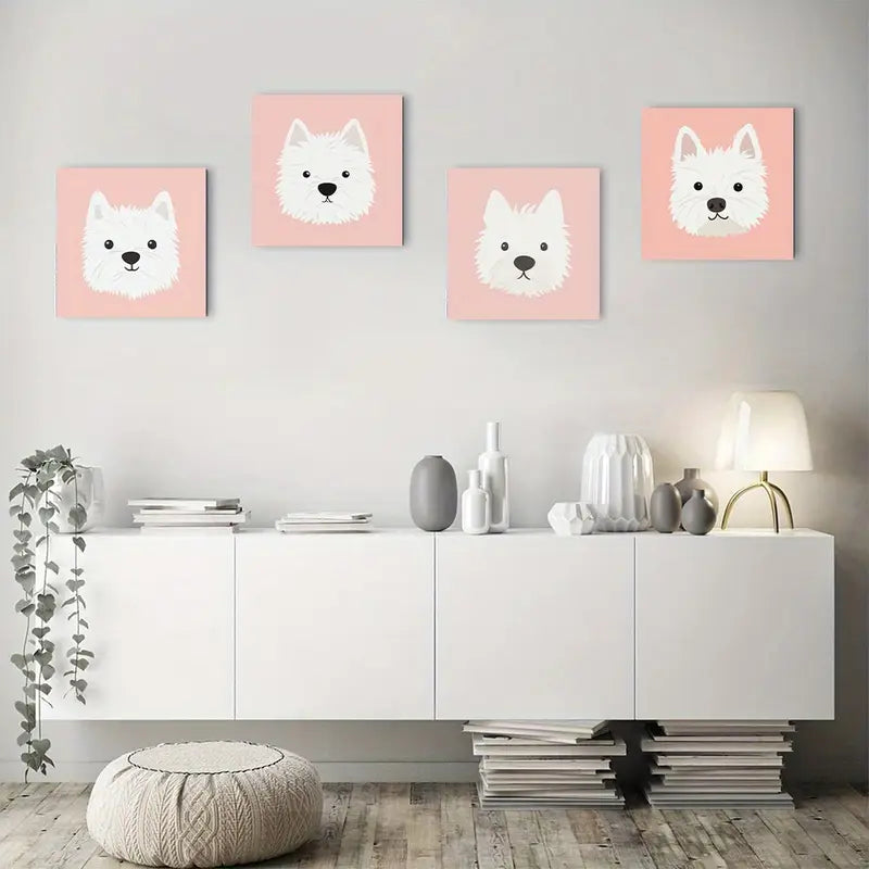 4pcs Adorable White Dog Art Prints Wall Art Canvas Framed - Bella Home Decor