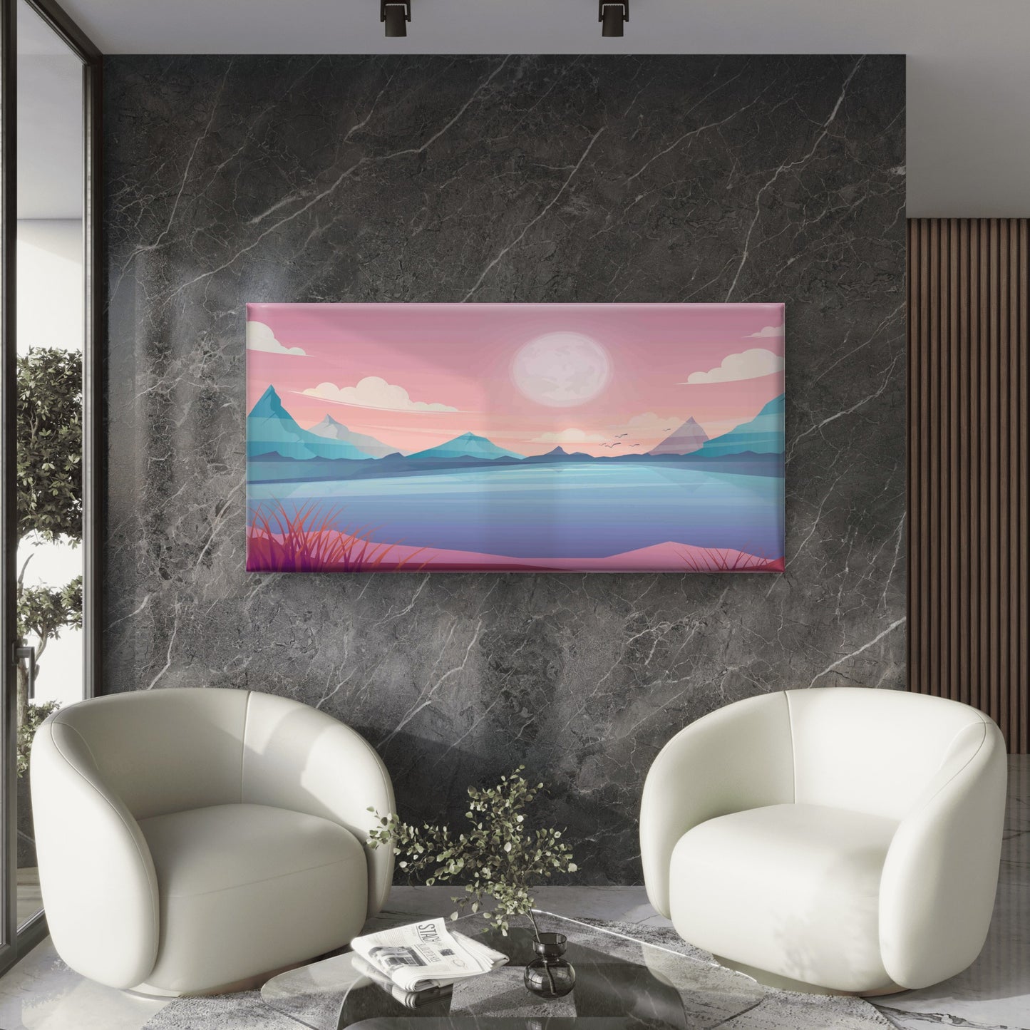 Pastel Mountain Landscape Wall Art Canvas Office Home Room Framed 120x60cm - Bella Home Decor