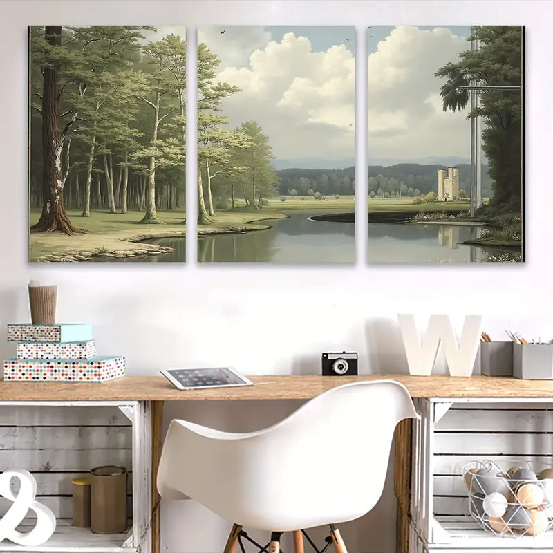 3pcs River Bridge Green Landscape Painting Wall Art Set Canvas Framed 50x70cm - High Quality Print 100% Australian Made Wall Canvas Ready to Hang