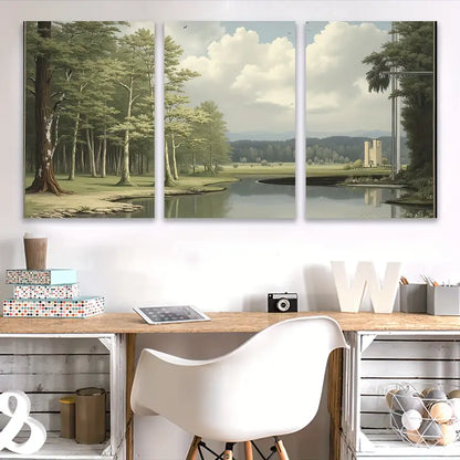 3pcs River Bridge Green Landscape Painting Wall Art Set Canvas Framed 40x60cm - High Quality Print 100% Australian Made Wall Canvas Ready to Hang