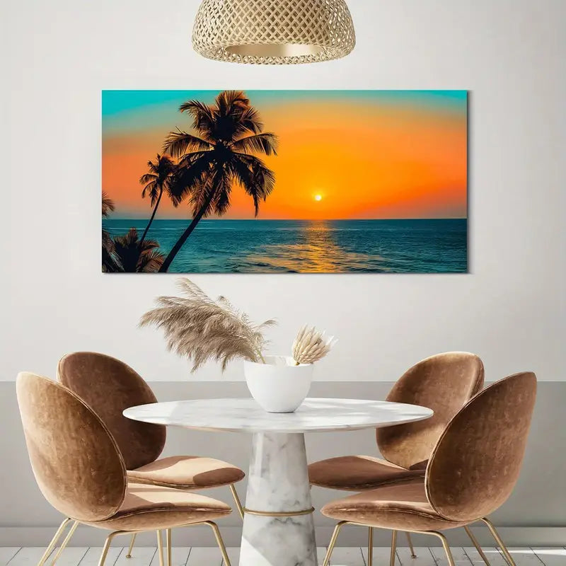 Sunset Beach Palm Trees & Orange Sky Wall Art canvas office home room framed 120x60cm - Bella Home Decor