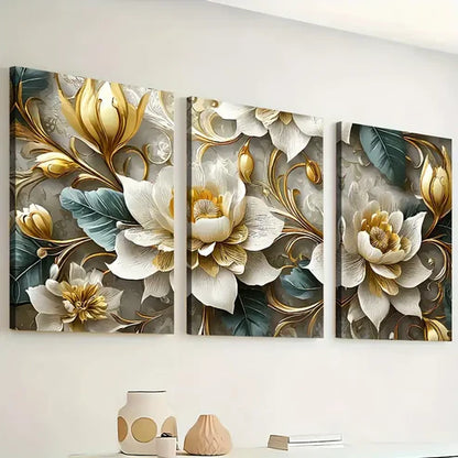 3pcs Light Luxury Style Golden Flower Abstract Art Wall Art Set Canvas Unframed - High Quality Print 100% Australian Made Wall Canvas