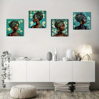 4pcs  Woman In Vibrant Headwrap & Earrings  Wall Art Canvas Framed