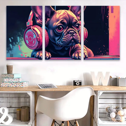 3pcs French Bulldog with Headphones Art Wall Art Set Canvas Framed 50x70cm - High Quality Print 100% Australian Made Wall Canvas Ready to Hang - Bella Home Decor