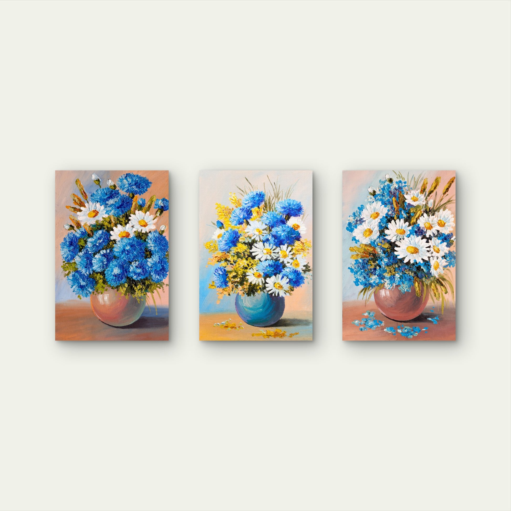 3pcs Blue Cornflower Daisy Floral Oil Painting Wall Art Set Canvas Framed 40x60cm - High Quality Print 100% Australian Made Wall Canvas Ready to Hang