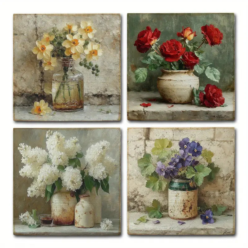 4pcs Garden Artificial Flower Sign,Neutral Tones Wall Art Canvas Framed