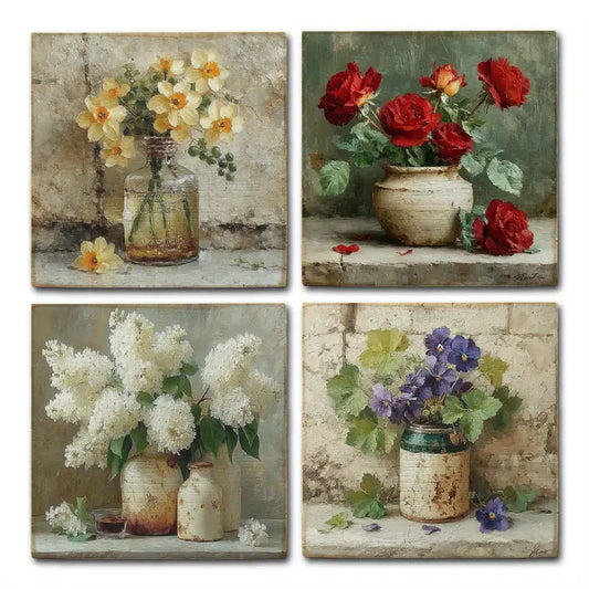 4pcs Garden Artificial Flower Sign,Neutral Tones Wall Art Canvas Framed