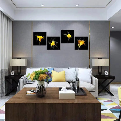4pcs  Yellow Flower Wall Art Black Wall Art Canvas Framed