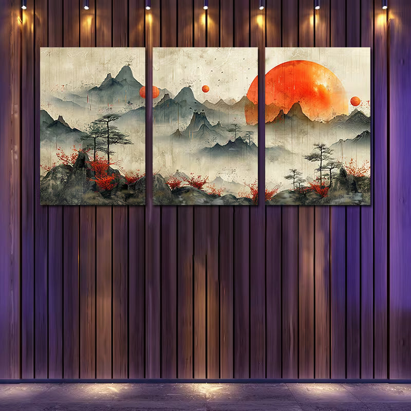 3pcs Landscape with Flowers & Rising Sun Wall Art Set Canvas Framed 50x70cm - High Quality Print 100% Australian Made Wall Canvas Ready to Hang