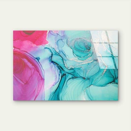 Teal Pink Gold Fluid Marble Acrylic Glass Printing Wall Art Australian Made Quality
