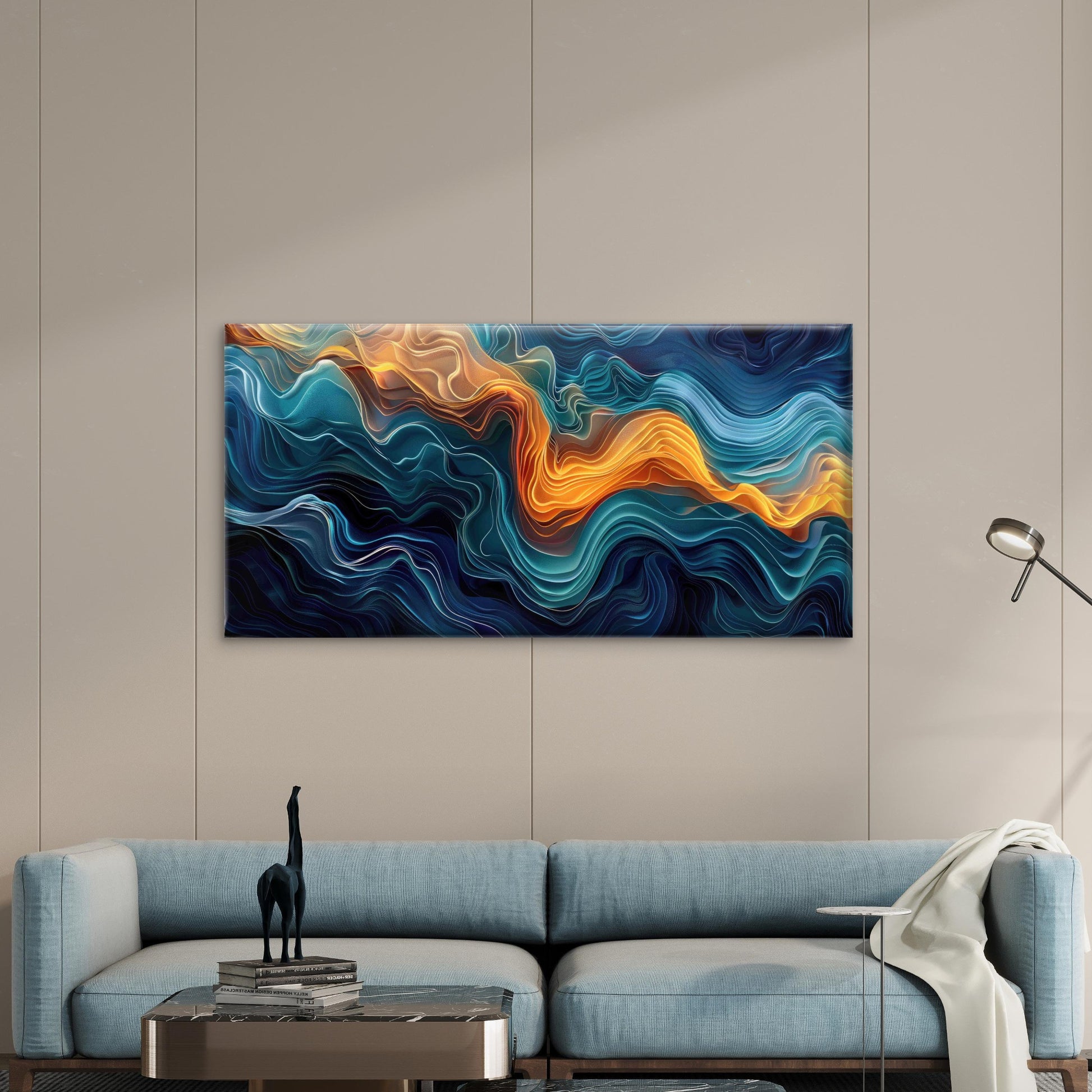 Abstract Painting Of Waves Wall Art Canvas Office Home Room Framed 120x60cm - Bella Home Decor