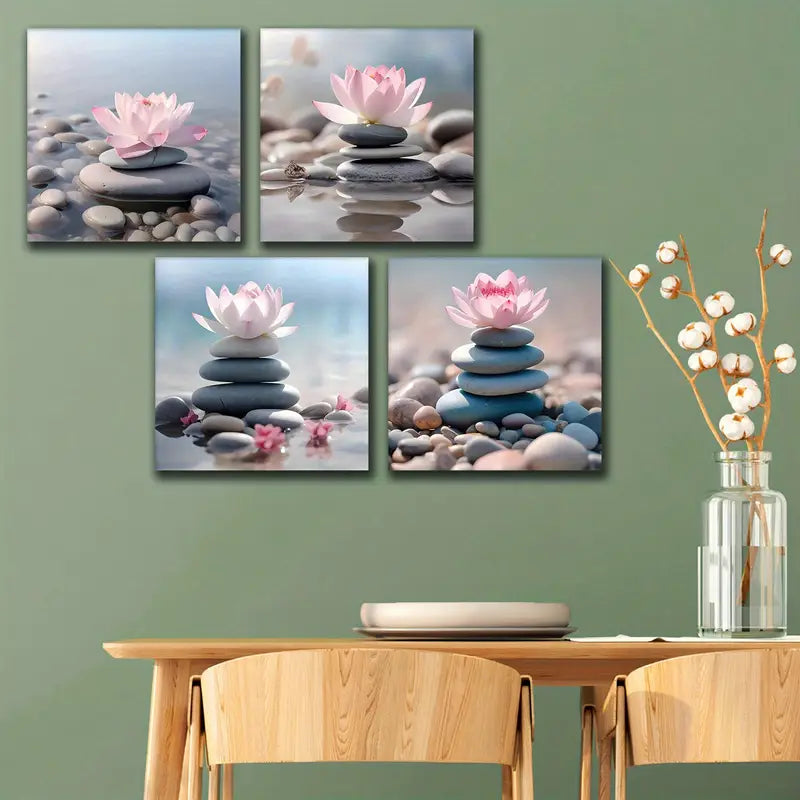 4pcs Pink for Lotus Stacked Zen Stones Wall Art Canvas Framed - Bella Home Decor
