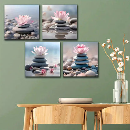 4pcs Pink for Lotus Stacked Zen Stones Wall Art Canvas Framed - Bella Home Decor