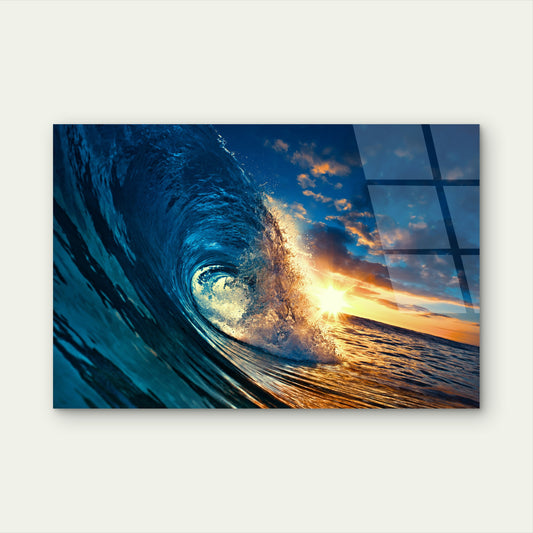 Ocean Wave Sunset Seascape Barrel Surf  Acrylic  Glass Printing Wall Art Australian Made Quality